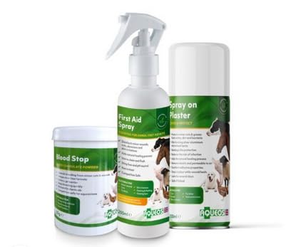 Aqueos First Aid Trio Pack for Pets, Spray Plaster, First Aid Spray and Blood Stop, 3 Piece, Silver Aluminium