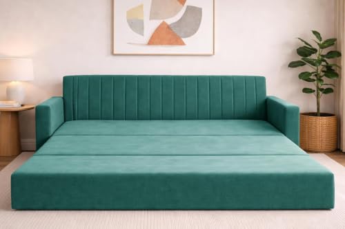 Image of Sofa-Cum-Bed | Three-Seater Foladable Sofa with Armrest | Modern Fabric Sofa Bed for Living Room, Bedroom & Office - Green Color