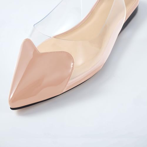Women's Fashion Pointed Toe Heart Transparent PVC Slingback Flat Shoes Comfort Slip On Cap Toe Clear Ballet Flats Work Wedding Dress Flat Shoes for Women Nude Size 8.53