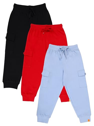 Image of KiddoPanti Boys Cotton Joggers | 100% Cotton Single Jersey | 2 Side Cargo Pockets with Flap | Elasticated Waist Band with Functional Drawcord | Soft & Breathable Track Pants