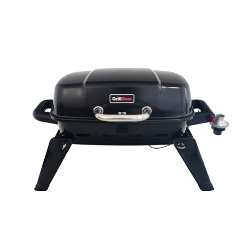 Grill Boss 1 Burner Portable Gas Grill, 10,000 BTU Propane Tabletop BBQ with Porcelain Coated Grate for Camping, Patio, and Outdoor Cooking, Black