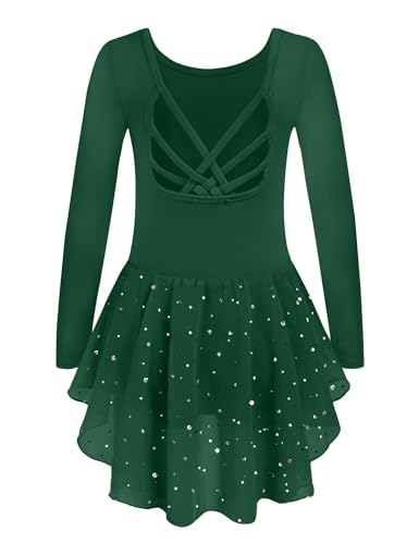 Image of Arshiner Girls Long Sleeve Ballet Leotards with Shinny Skirts Criss-Cross Back Dance Dresses
