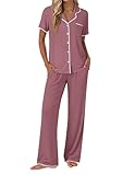 Ekouaer Pajamas for Women Set Button Up Soft Pjs Short Sleeve 2 Piece Lounge Sets Comfy Sleepwear Dusty Mauve Medium