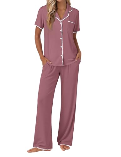 Image of Ekouaer Pajamas for Women Set Button Up Soft Pjs Short Sleeve 2 Piece Lounge Sets Comfy Sleepwear