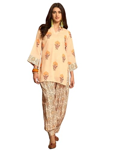 Image of EthnicJunction Women's Linen Floral Print Summer Wear Straight Short Kurti With Afghani Pant Set | Co Ord Set for Women Stylish | Fusion wear Women