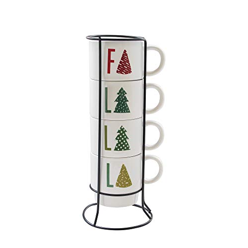 American Atelier Ceramic Mug & Rack Set â€“ 4 Cups & Standing Metal Rack for Kitchen Countertop, Island, or CafÃ© Display â€“ Gift for Tea & Coffee Lovers â€“ Holiday Design, 14 oz, Fa La La