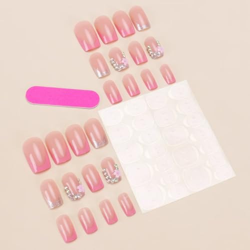 Image of Pink French Tip Press on Nails Rhinestone Flower Fake Nails Spring Nail Glossy Glue on Nails Reusable Artificial Acrylic Full Cover Short Square Stick on Nails for Women Girls Manicure 24Pcs