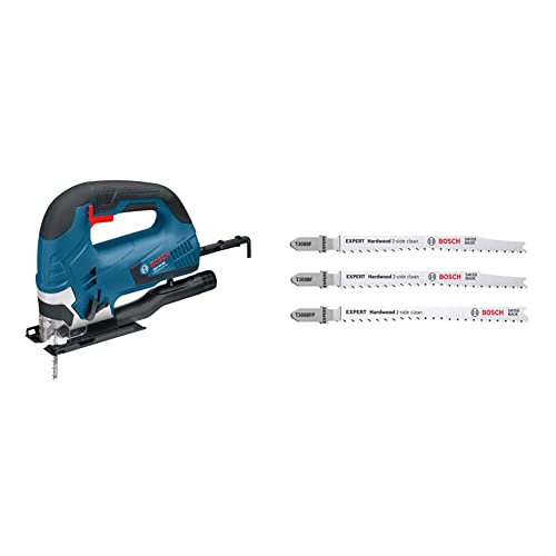 Bosch Professional Stichsäge, GST90BE/1 060158F060 + 3x Stichsägeblatt Set Expert ‘Hardwood 2-Side Clean‘ (für Küchenarbeits-, Kunststoffbeschichtete Platten, Länge 117 mm, Zubehör)