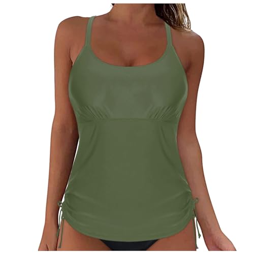 Traje de baño de 2 piezas para mujer con control de cintura adelgazante, parte superior tankini con cierre trasero ajustable, copas extraíbles, Ejercito Verde, S