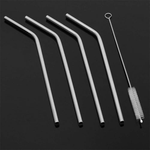 Image of Reusable Stainless Steel Straws Set - 5 Pieces (2 Bend Pipe, 2 Long, 1 Cleaning Brush) - Rainbow Metal Drinking Straws