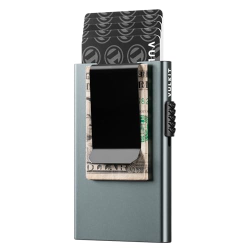 VULKIT Minimalist Wallet with Money Clip RFID Protection Pop Up Card Holder Slim Wallet Credit Card Holder Metal Wallet, Space Grey