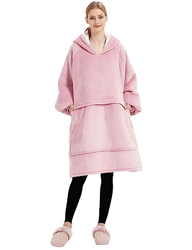 Image of KFUBUO Wearable Blanket Hoodie for Adults With Pocket Pink | Sherpa, Fuzzy Blanket Hoodie, Oversized Sweatshirt Blanket, Kangaroo Pouch, Gifts for Mom, Cute Stuff