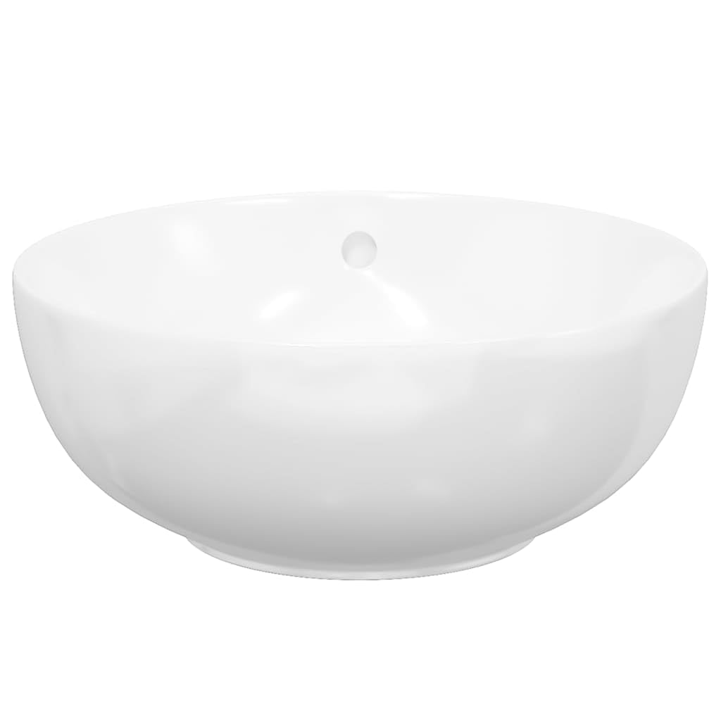 Umywalka biała z ceramiki, 44 x 17 cm, okrągła, z przelewem, umywalka nablatowa, dla gości, łazienki, sanitarna, zajmuje mało miejsca, do montażu armatury łazienkowej i szafki pod umywalkę