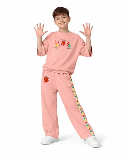 Image of SHODOX Boys Poly Blend Relaxed Fit Co-Ord Set | Printed T-Shirt & Track Pants | Soft Breathable Stylish Summer Casual Comfort Wear for Boys