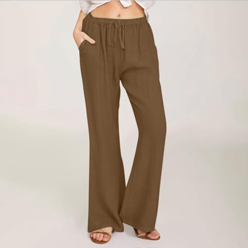 Womens Linen Pants Summer Boho Drawstring Elastic High Waist Loose Wide Leg Trousers with Pockets2
