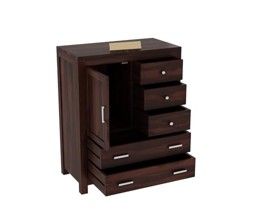 Image of Solid Sheesham Wood 5 Drawer Chest of Drawers with 2 Shelf Storage and Spacious Dresser for Hall Home Office Furniture, Kitchen Cabinet, Stylish Wooden Drawers (Henry)