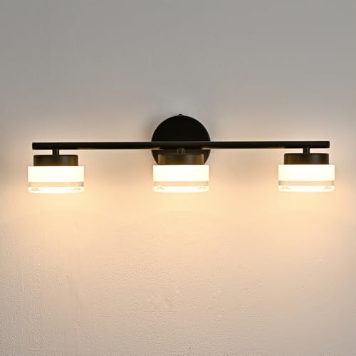 Image of Modern Black 3-Light LED Vanity Light with Acrylic Shade | 3000K Warm White Vanity Lights, Wall Sconces for Bathroom Bedroom Kitchen Living Room