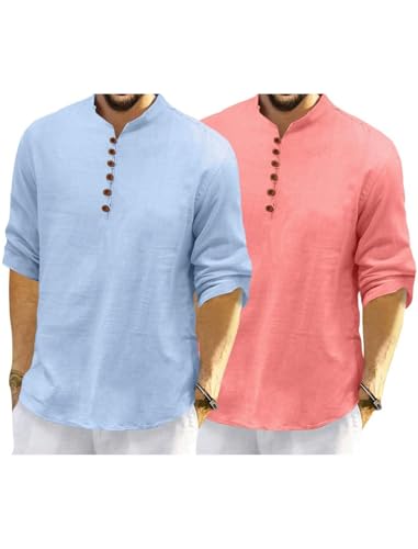 Image of Macsivo Men's Cotton Blend Kurta with Solid Band Collar Full Sleeve Button Closure Regular Fit Curved Hem Length | Kurta for Man | Combo Pack of 2