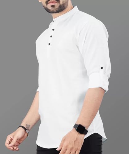 Image of DEEMOON Men's Regular Fit Solid Sprad Collar Casual Shirt with a Trendy Mandarin Collar Crafted from a Premium Cotton Blend