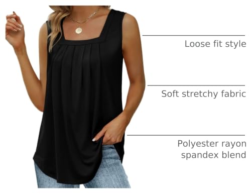 Image of Saloogoe Summer Tank Tops for Women Loose Fit Pleated Square Neck Sleeveless Tops Curved Hem Flowy