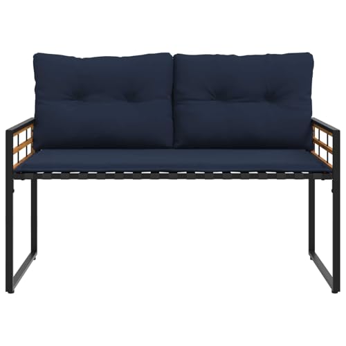 Banco de madera de acacia con cojín azul marino y patas ajustables de 114cm 5
