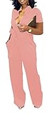 Xinlees Women Elegant Jumpsuits Solid V Neck Short Sleeve Stand Collar Button Down Long Pants Rompers Straight Club Outfits With Pockets Belt(Pink,X-Large)