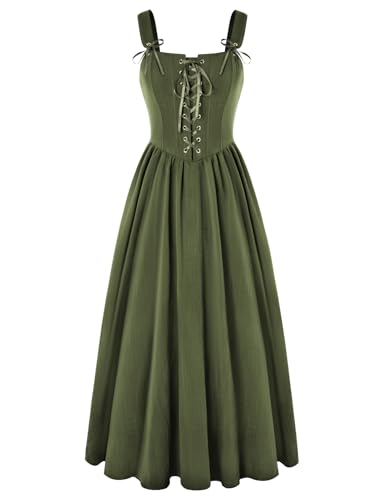 SCARLET DARKNESS Mittelalter Kleid Damen Lang Ärmellos Renaissance Corsagenkleid Fasching Karneval Boho Vintage Maxikleid Olivgrün L