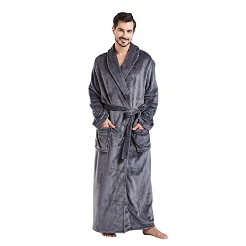 FashGudim Mens Robes Big and Tall Full Length Plush Fleece Long Robe for Men Bathrobe Shawl Collar Warm Winter House Robes, Grey, 3X-Large-4X-Large Big Tall