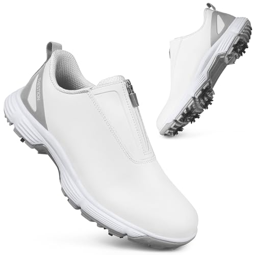 THESTRON Women Waterproof Golf Shoes Spikes Golf Training Sneakers Female Golf Footwears Zipper Golf Sports Shoes Women Walking Sneakers with Spikes Zipper (8,White Grey 505)