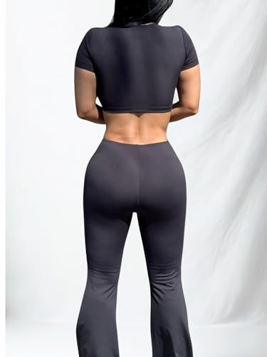 Women's One Piece Workout Set, Black Crop Top with Flare Pants, Athletic Casual Fitness Outfit, Colombian Elastic Fabric, Jumpsuit3