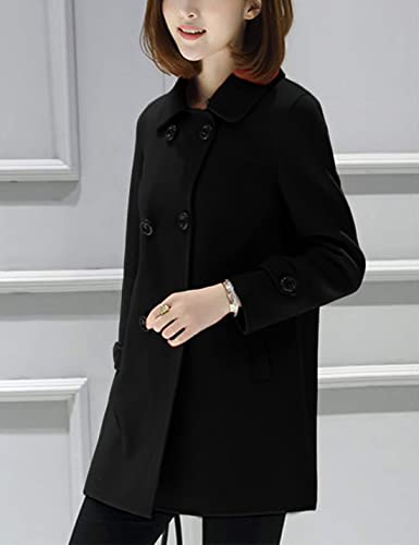 Tanming Women's Winter Double Breasted Coat Black Wool Peacoat Long Sleeve Trench Coat2