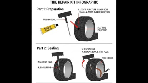 Image of Tubeless Tyre Puncture Repair Kit for Car, Bike, Cycle | Heavy Duty T-Handle Tools | Tire Plug Kit with Rubber Cement & Repair Strips | Emergency Tool Set | Puncher