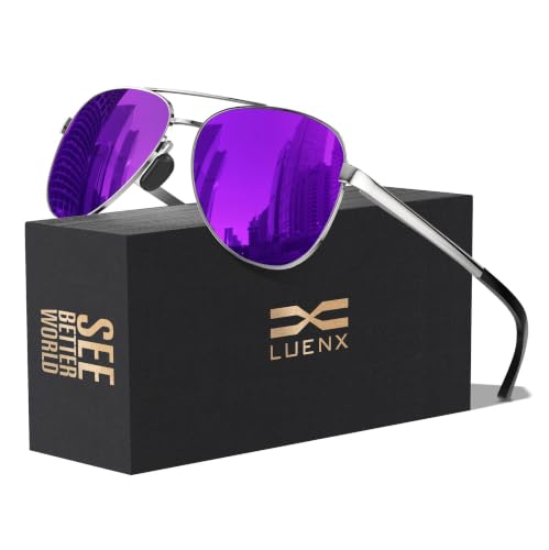 Image of LUENX Aviator Sunglasses for Men Women Polarized - Mirrored Driving uv 400 Protection(Purple Mirrored)
