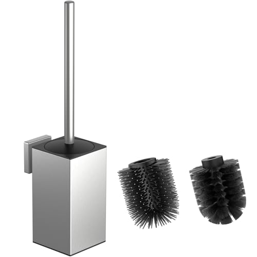 WAVEWO Scopino per WC in Silicone Con Supporto - Set Con 2 Testine e Porta Scopino in Acciaio Inox 304 per Pulizia Bagno (Quadrato Argento)