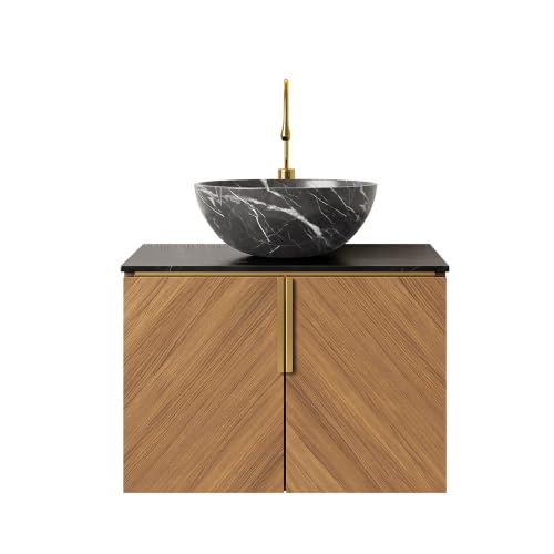 vutizal Szafka pod umywalkę 61 cm z czarnym zlewozmywakiem ceramicznym, meble łazienkowe z blatem spiekanym i 2-drzwiową szafką, Soft Close, wygląd drewna espresso