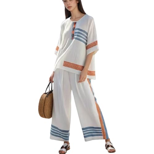 Women's Linen Striped 2 Piece Sets Summer Oversized Loose Half Sleeve Tops Tshirt and Wide Leg Pants Fashion Outfits