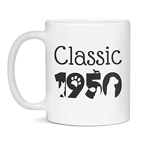 Taza clásica de cerámica de aniversario de cumpleaños de 1950, 11 onzas, color blanco