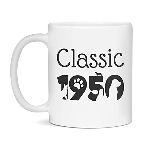 Taza clásica de cerámica de aniversario de cumpleaños de 1950, 11 onzas, color blanco