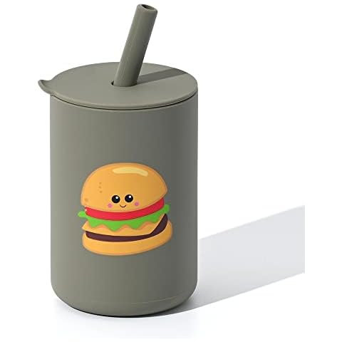 JOYIT Baby Open Cup 6 oz | Baby Silicone Cup for Training and Learning | with a Lid and Silicone Straw (Hamburger-Silver Sage) Cover