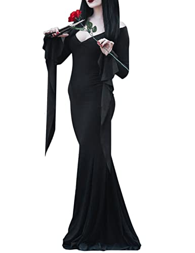 Miulruma Women Morticia Addams Costume Dress Adult Halloween Costumes Cosplay Long Sleeve Family Dresses with Rose MA023S