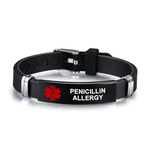 COMTRUDE Medical Alert Bracelet for Men Medical ID Tag Wristband for Women Adjustable Stainless Steel Silicone Emergency Medic Alert PENICILLIN ALLERGY Bracelet