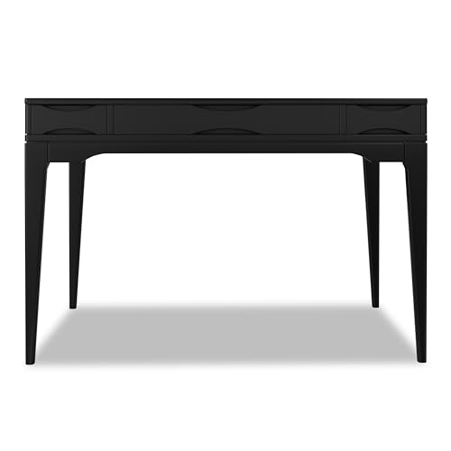 Image of SIMPLIHOME Harper Small Desk - 48 inch Wide Solid Hardwood Writing Desk in Black, Mid-Century Modern Home Office Table for Study or Work with 2 Drawers and Flip-Down Keyboard Tray