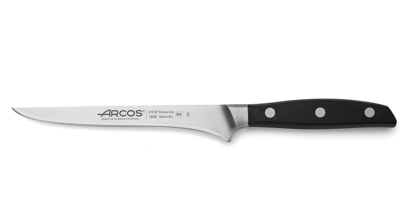Arcos Set Jamonero 3 Piezas - Cuchillo Jamonero, Deshuesador y Chaira - Hoja Silk Edge Inoxidable Forjada NITRUM - Mango Resistente POM Negro - Corte Preciso y Duradero - Serie Manhattan
