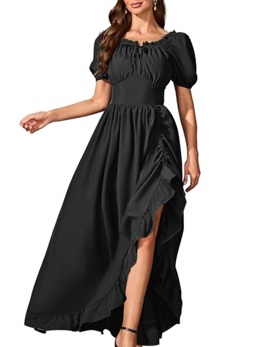 EvoEch Damen Renaissance Kleid Schulterfrei Gesmokte Taille Halbarm Boho Korsett Kleid（Schürze，S）