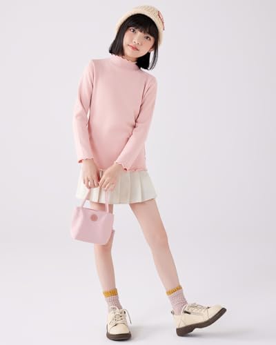 Image of ACESTAR Girls Solid Lettuce Trim Mock Neck Shirt Long Sleeve Slim Fit Ribbed Knit Tee Ruffle Tops Soft Base Layer