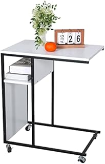 YOURLITE End Table with Rolling Casters, C Shaped Reversible Side Table with Wooden Shelf, Snack Side Table for Living Room, End Table for Sofa Couch and Bed, Metal Frame Nightstand White