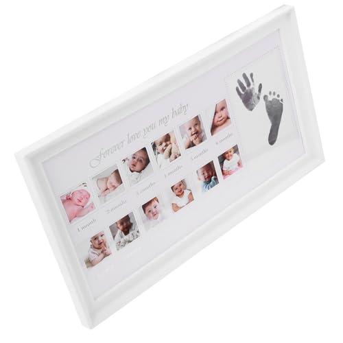 CATIEBYE Marco de Fotos Huellas de Manos y Pies para Ñiño, Marco de Crecimiento Infantil para 12 Meses, Color Blanco, Recuerdo para Recién Nacido, Decoración para Habitación Infantil