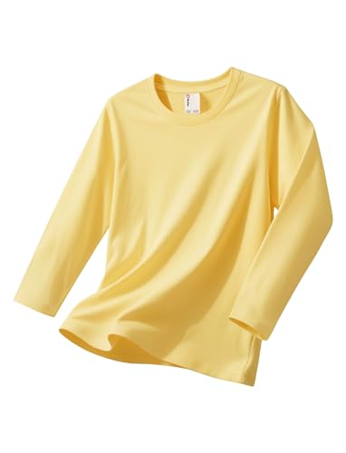 PATPAT Girls Long Sleeve Shirts Size 7-8 Years Yellow Crewneck Cotton Plain Tops Casual Basic Tees Blouses for Little Girl