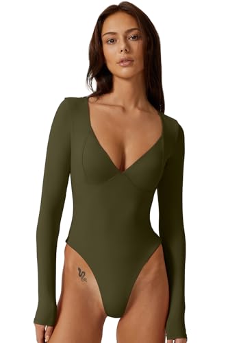 Image of QINSEN Women's Long Sleeve Bodysuit V Neck Body Suits Seamed Cup Going Out Tops Shirt