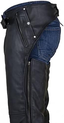 Dream Apparel Black Motorcycle Leather Chaps for Men Women Riding with Zip Out Liner, Cowboy Biker Chap Pants W/Four Pockets
